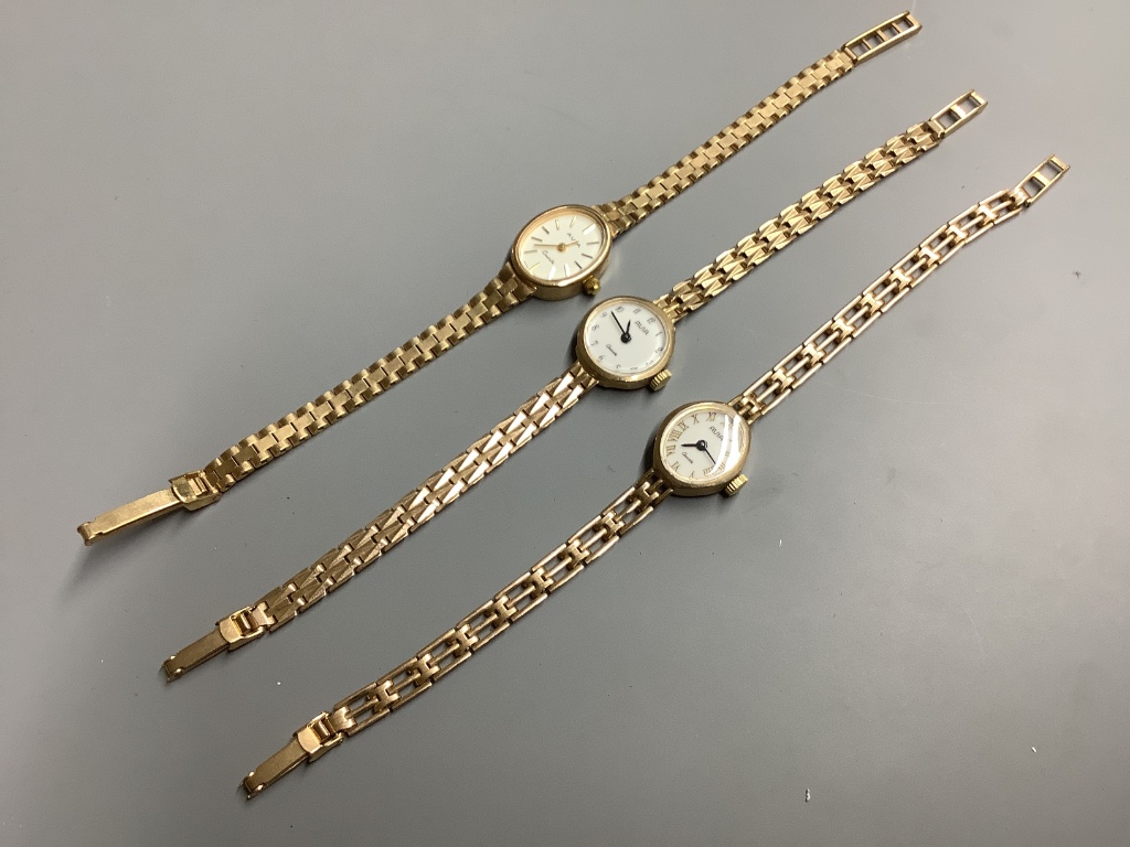Three assorted lady's modern 9ct gold Avia quartz wrist watches on 9ct gold bracelets